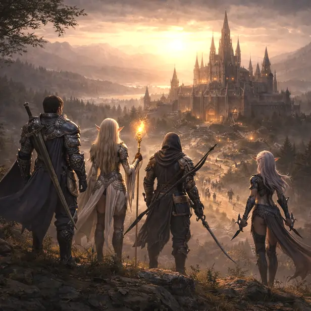 Epic fantasy landscape evoking the nostalgia of a classic MMORPG world